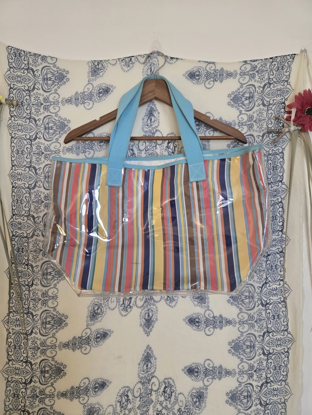 4/$15 Coastal Grandma Clear Plastic Striped Tote Bag with Blue Handles X Large